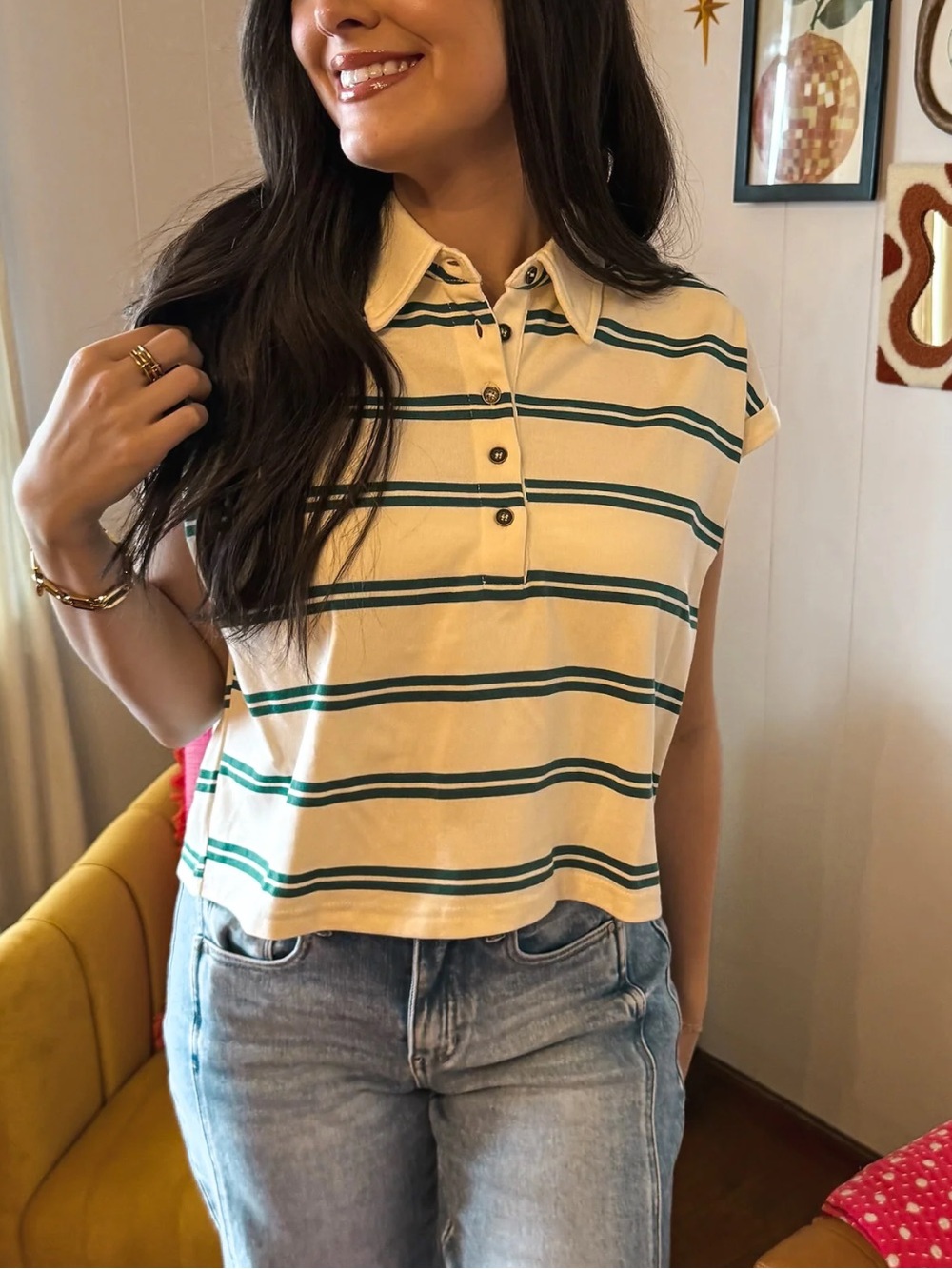 Vintage Collared Button-Up Striped Top